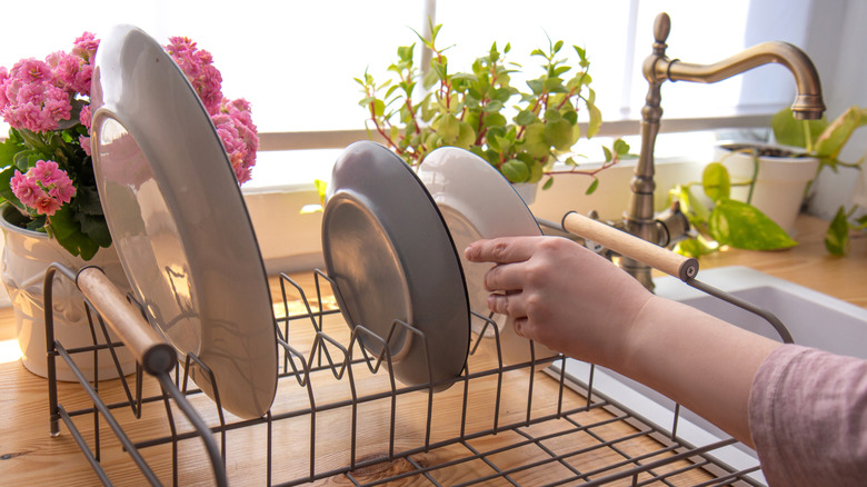 A woman putting dishes on a countertop drainer
