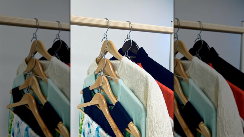 row of Amazon wooden hangers in closet