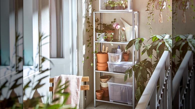 IKEA HYLLIS stacked on patio with gardening supplies