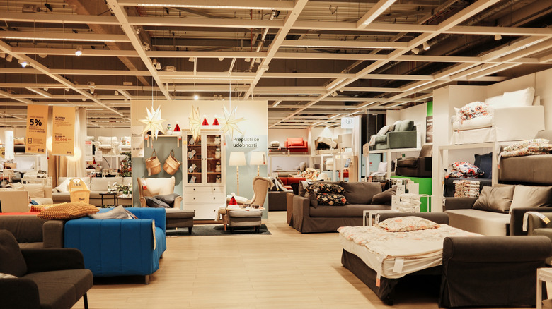 The interior of an IKEA living room section.