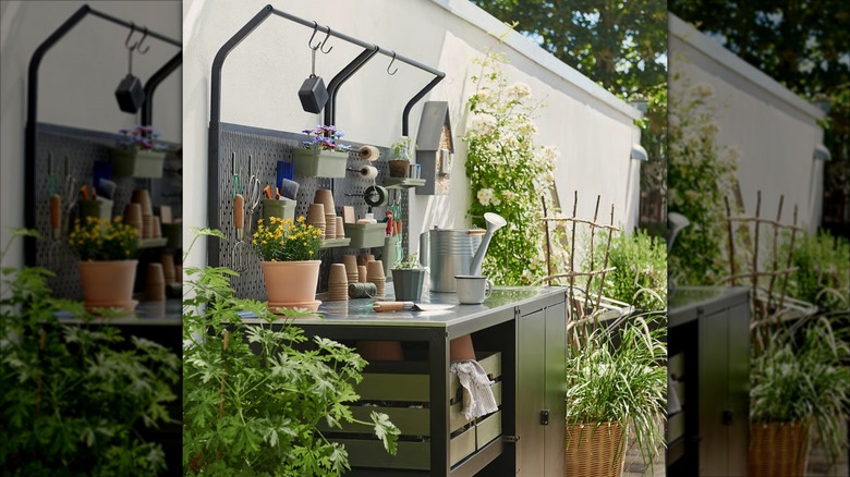 IKEA island next to shelf with herbs and gardening equipment