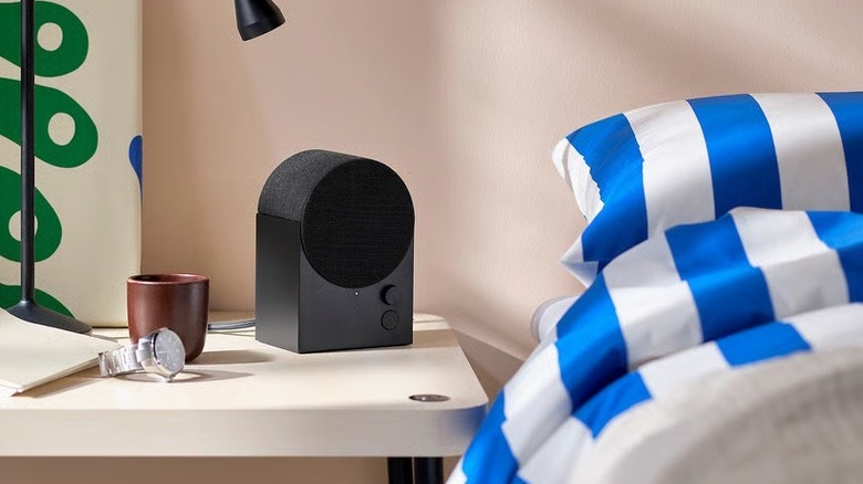IKEA NATTBAD speaker on a nightstand.