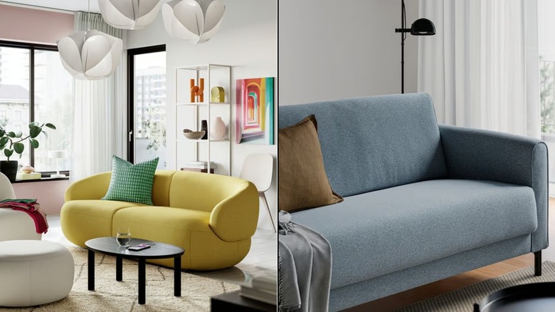 Split image with the LILLESATER sofa in a living room on the left and the SALTMYRAN sofa in a living room next to a window on the right
