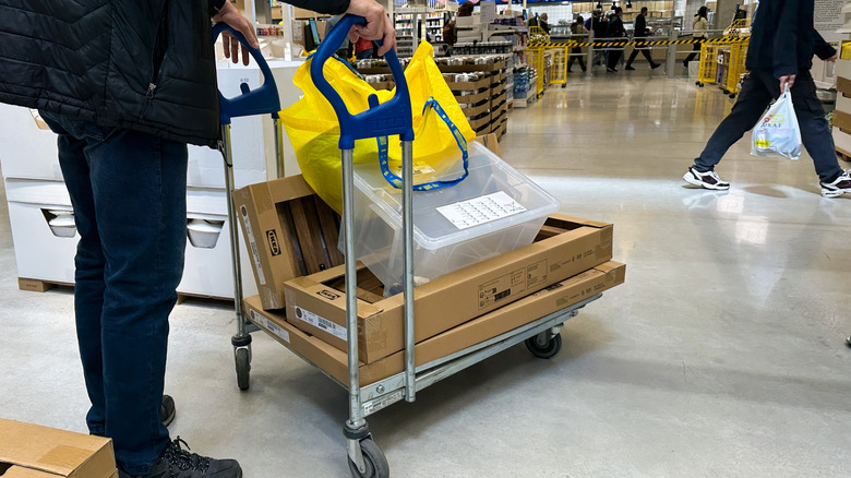Person holds shopping cart filled with Ikea products.