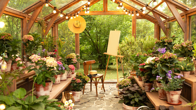 greenhouse with string lights, a variety of container plants, a chair, and an easel