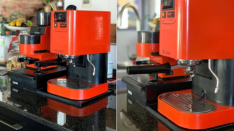 Split image of a working Baby Gaggia machine in orange on a countertop next to a coffee grinder and glass jar of biscotti
