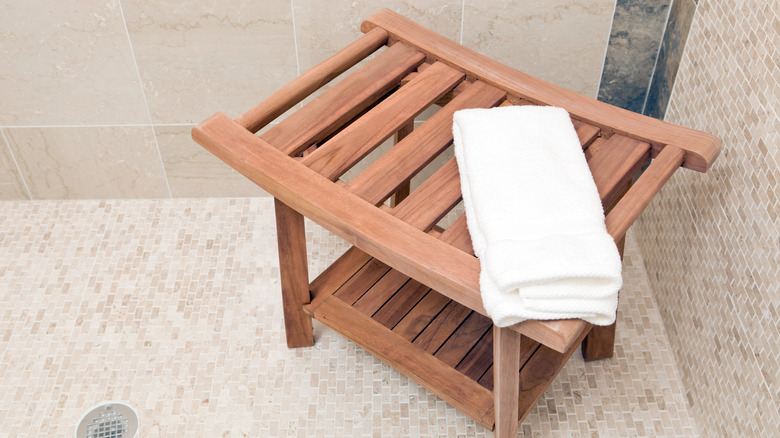 teak bench in a shower