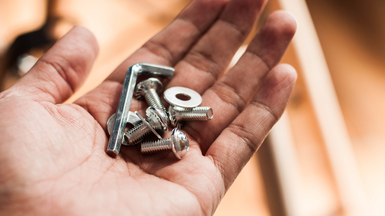 Someone holding screws and washers