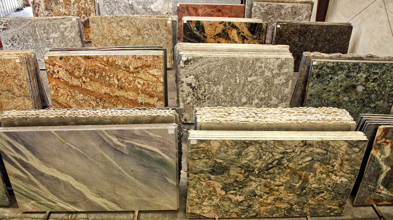Granite slabs in a warehouse