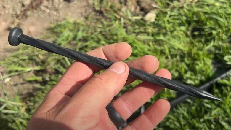 Man holding plastic edging stake at an angle