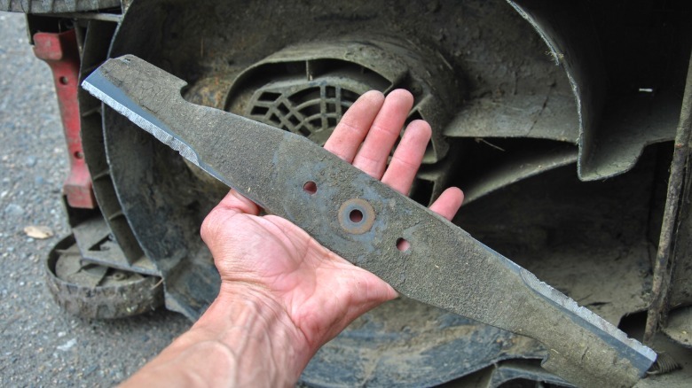 A person holding a blade they're about to install on lawn mower.