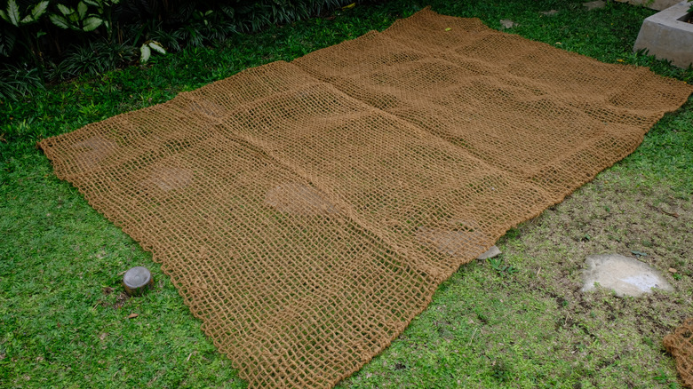 Natural textile over patch of grass