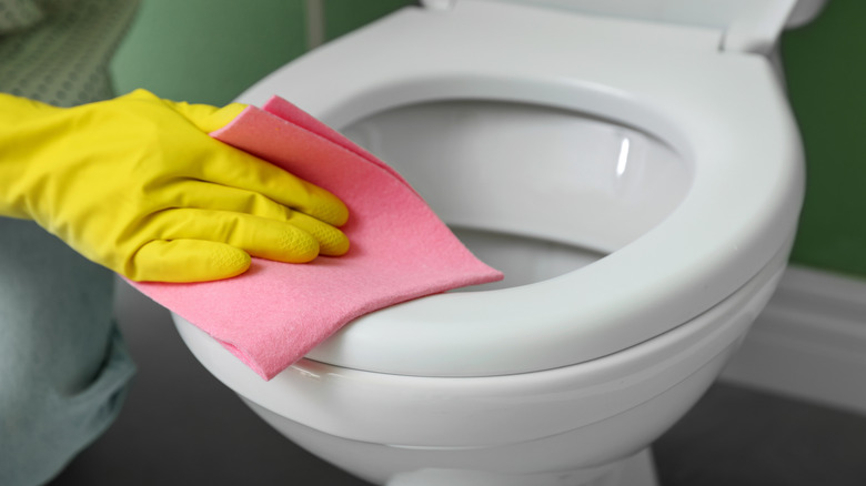 A gloved hand cleaning a toilet seat.