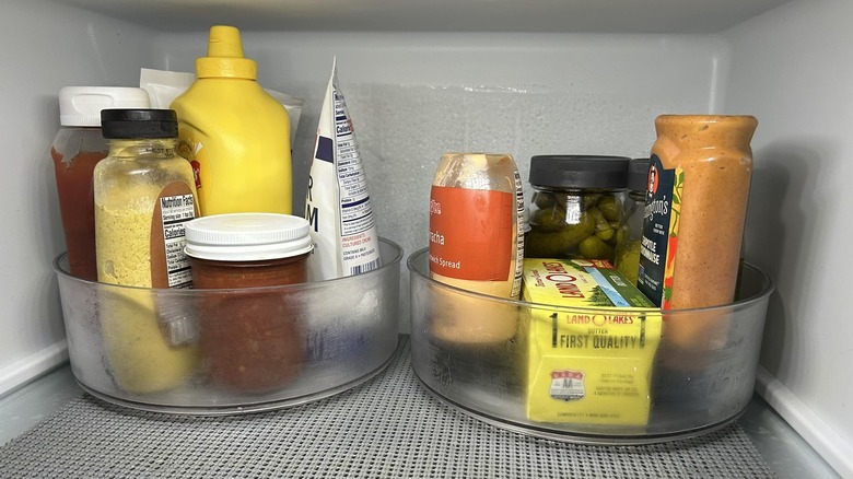 Aldi's clear kitchen turntables filled with condiments in fridge