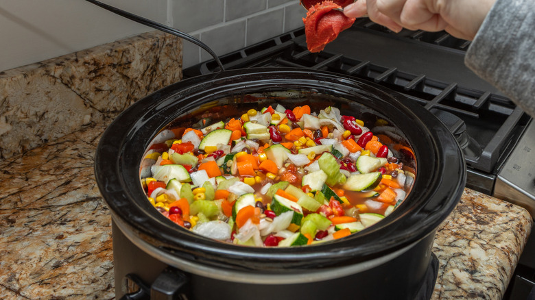 A person making soup in slow cooker