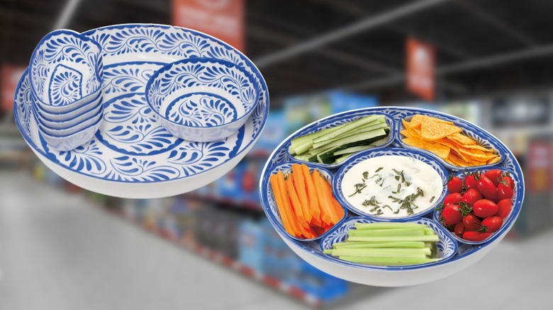 Two images of Aldi's serving platter set, one with snacks and food in each bowl and the other with the empty bowls stacked.