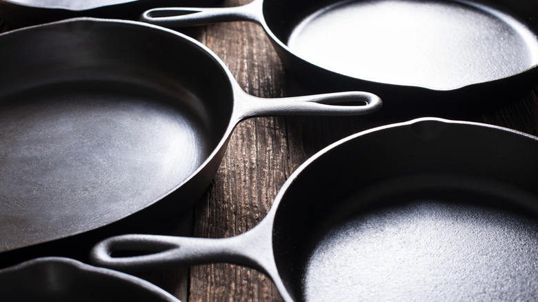 Cast iron skillets on a countertop