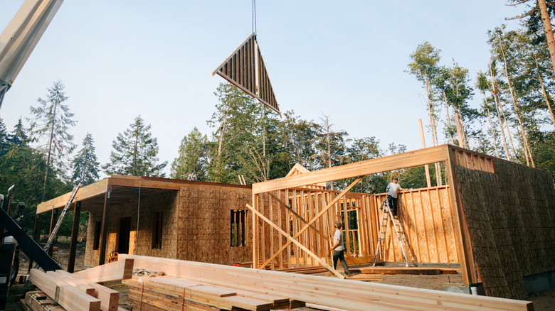 A house in the process of being framed out