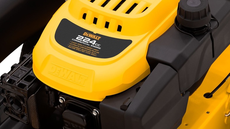 The 224cc gasoline engine on the DeWalt 28-inch lawn mower