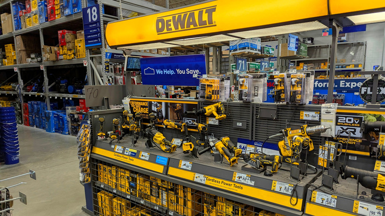 A display of Dewalt cordless tools in a hardware store