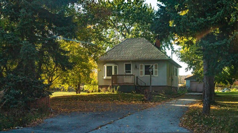 A small country home is surrounded by trees
