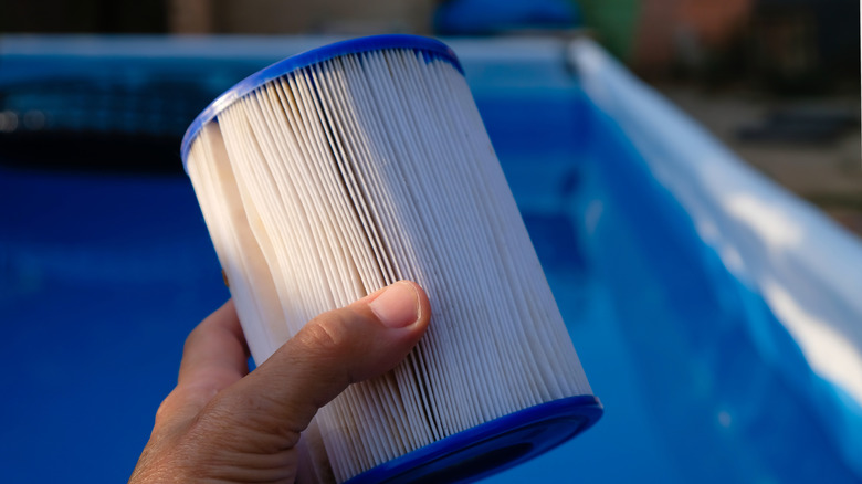 Someone holding a replacement pool cartridge filter.