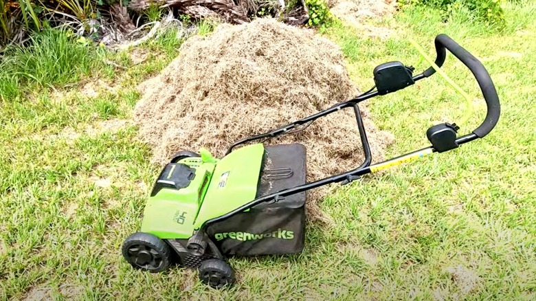 A Greenworks Dethatcher sits in front of a pile of brown thatch