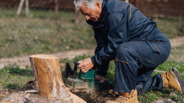 Man removing a tree stump in a backyard