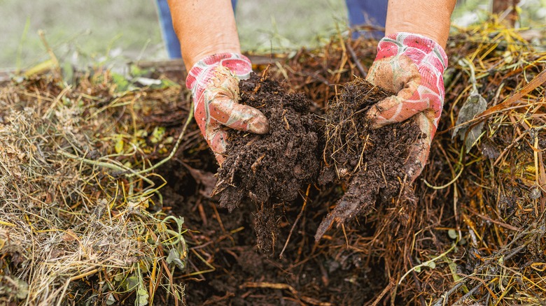 hands churning compost