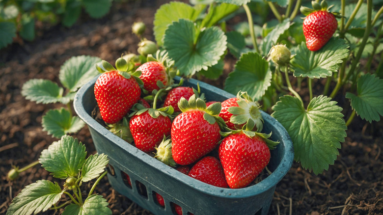 Basket of fresh strawberries next to garden plants