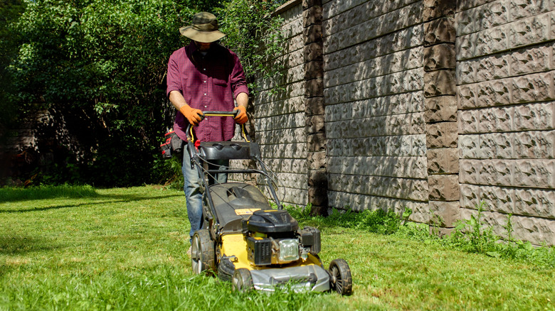 A man mowing the lawn on a sunny day