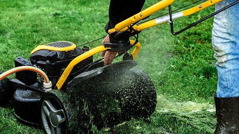 Person using the hose port to wash a mower deck