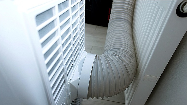 Close-up of the exhaust hose of a portable AC