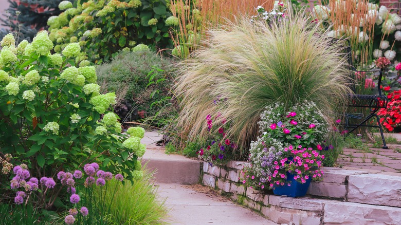 home with ornamental grasses, hydrangeas, and other flowers