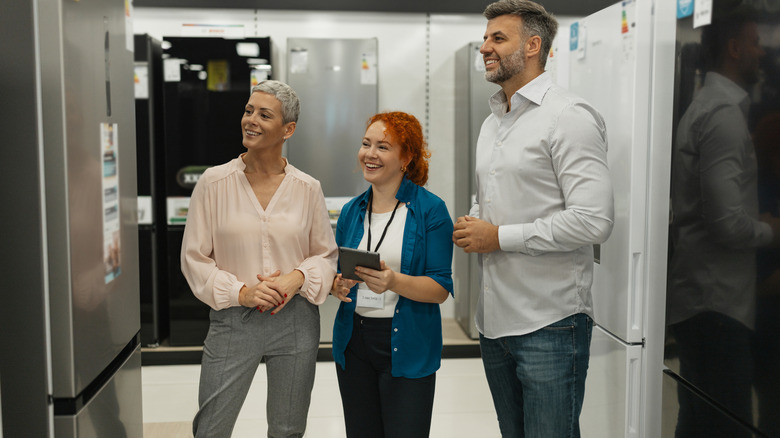 A customer and salesperson discussing a refrigerator purchase.
