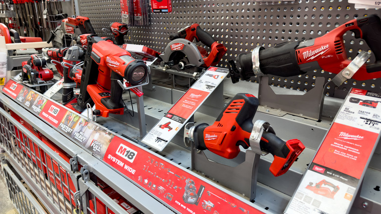 Different types of Milwaukee tools at a store