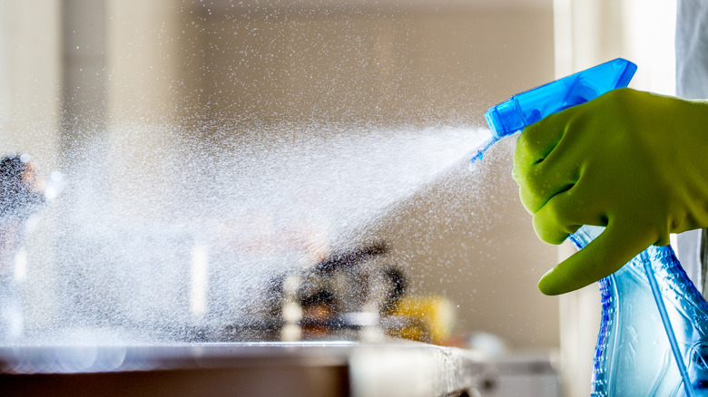 person spraying water from bottle