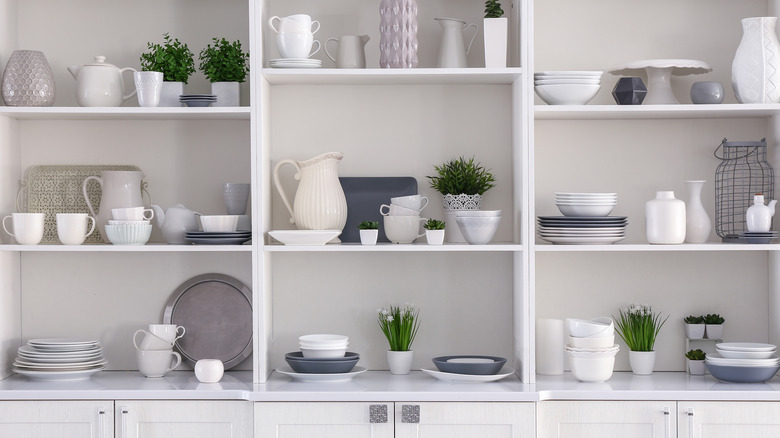 Open shelving styled with dishware