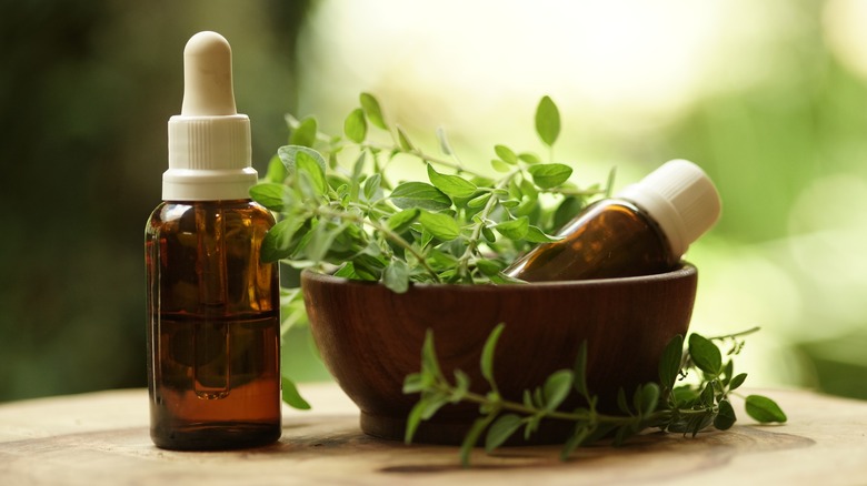 oregano essential oil and leaves