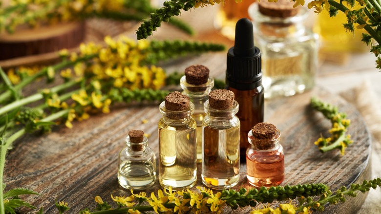 bottles of essential oils sit on a table