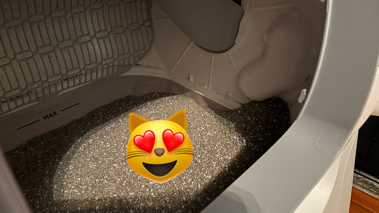 A cat emoji covers waste in an automatic litter box