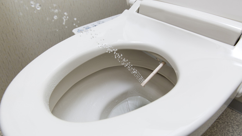 A toilet seat bidet spraying water