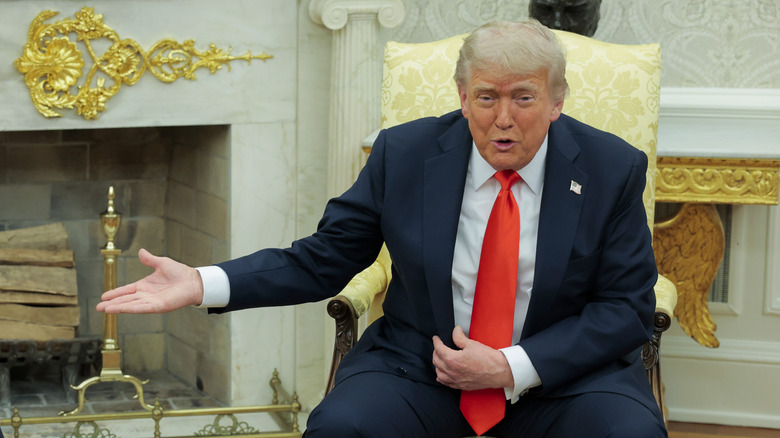 President Donald Trump gestures in front of the fireplace in the Oval Office