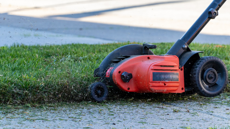 A person uses a wheeled lawn edger tool near a sidewalk