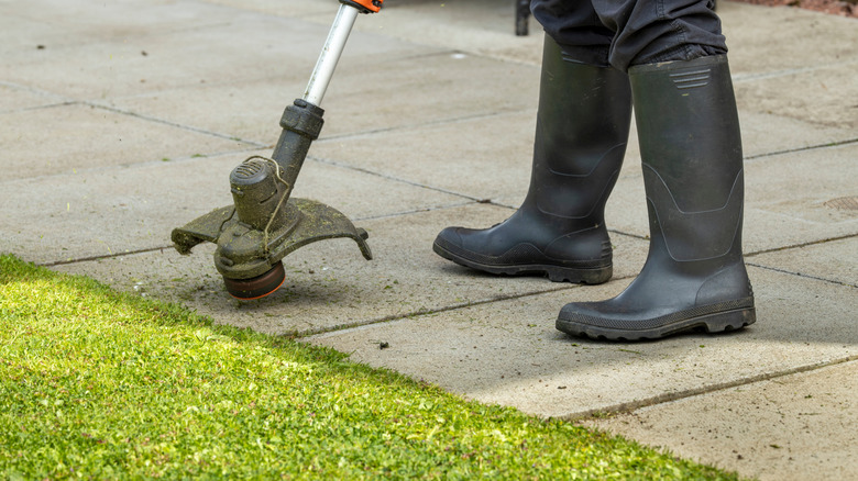 A person edges a lawn with a string trimmer