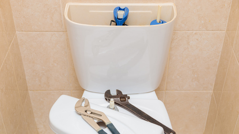Open toilet tank with tools
