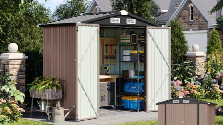 Aoxun storage shed with doors open
