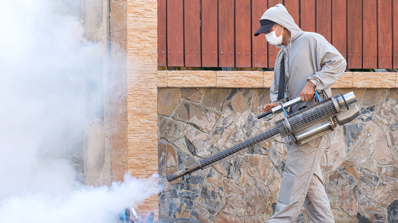 A man wearing a mask is shown spraying a large plume of pest control chemicals next to a building
