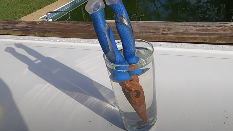 Rusty pliers in a glass with vinegar