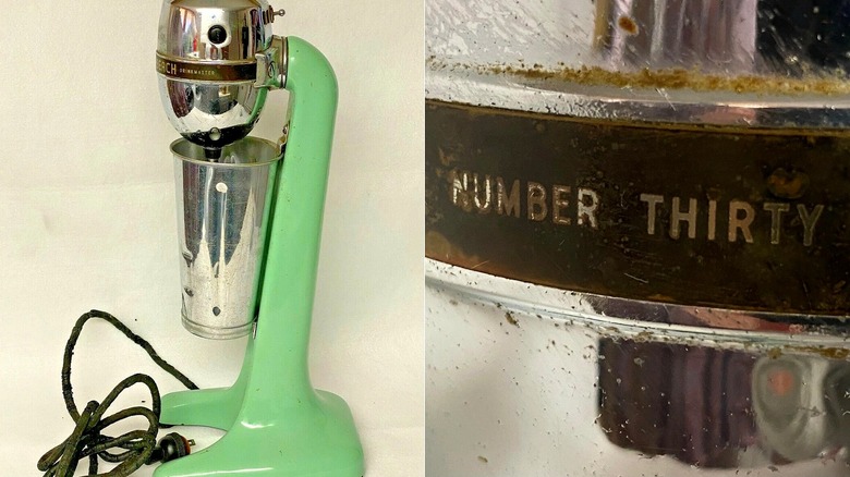 Split image of No. 30 jadeite green classic Hamilton Beach DrinkMaster with chrome cup